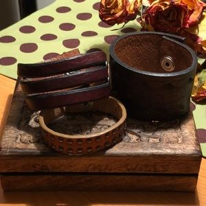 Set of 3 Leather snap cuff bracelets.